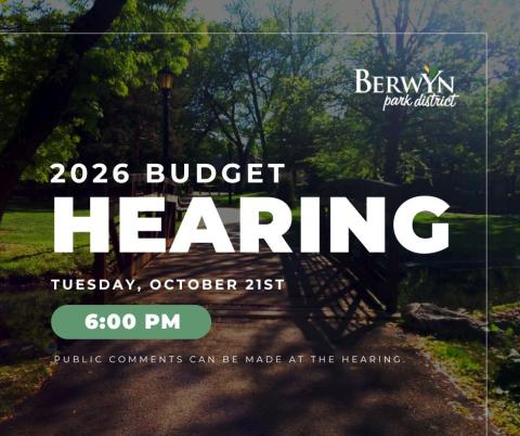 Graphic of a park with the words "2026 Budget Hearing"
