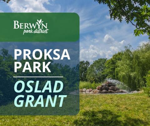 A graphic of the East fountain at Proksa Park with the words Proksa Park OSLAD Grant and the BPD logo