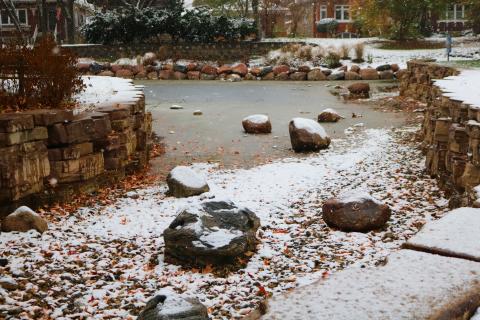 the pond at proksa park covered in snow