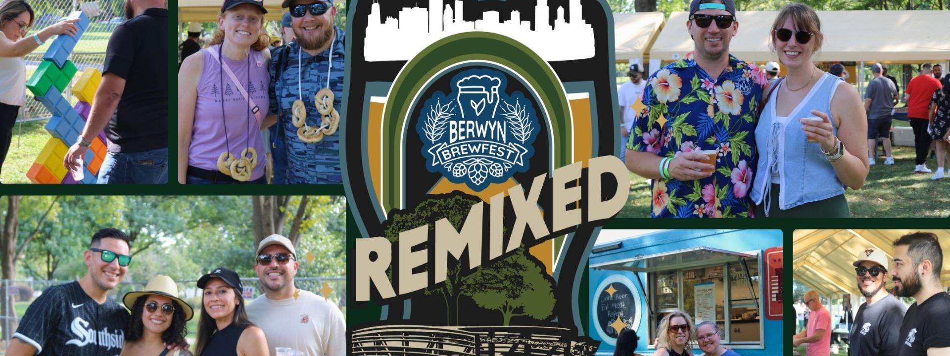 Collage of images depicing couples and groups of friends holding drinks and playing games in the park at Berwyn Brewfest. There's a graphic of a pint glass with the chicago skyline on top and the Berwyn Brewfest logo in the middle
